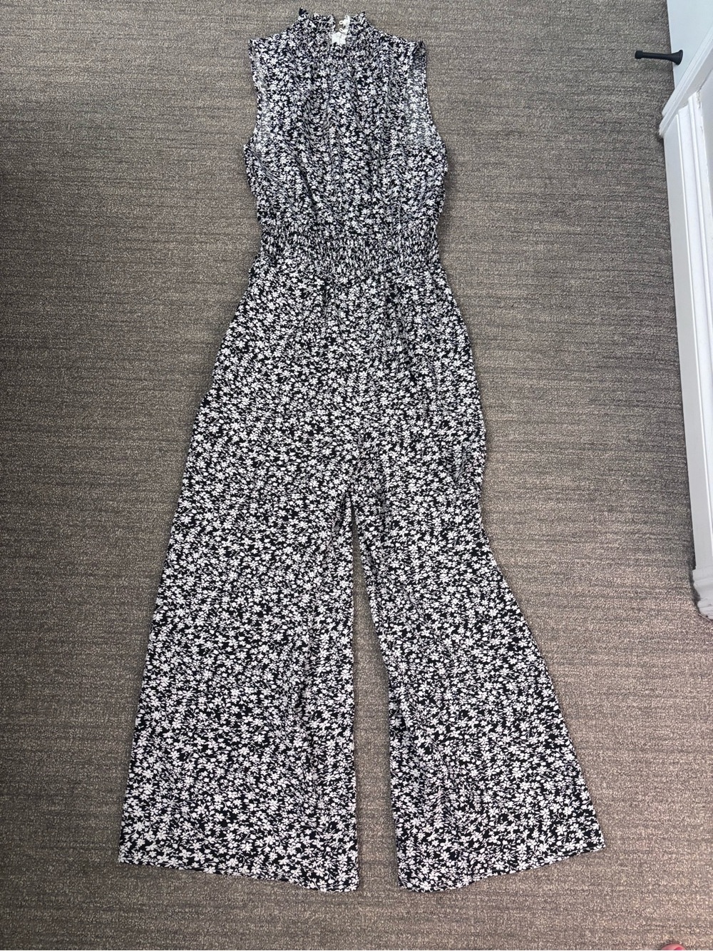 Sleeveless Black & White Floral Wide-Leg Jumpsuit